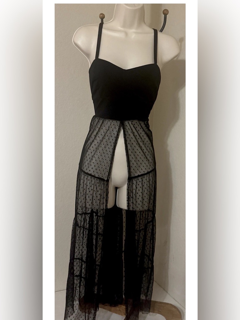 Black Sheer Mesh Top- Sexy Dot Split  Spaghetti Straps Top Size Medium